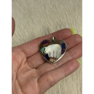 Turza Wells Andrew Shows Sterling Inlaid Multistone Bear Heart Pendant Turquoise